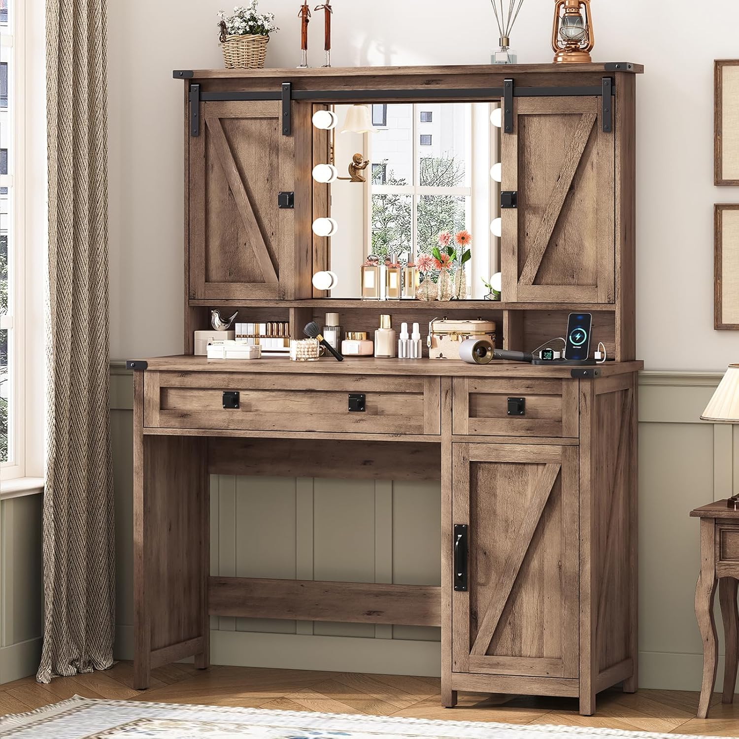Desk Charging Station - Farmhouse Bedroom Vanity Desk in Rustic