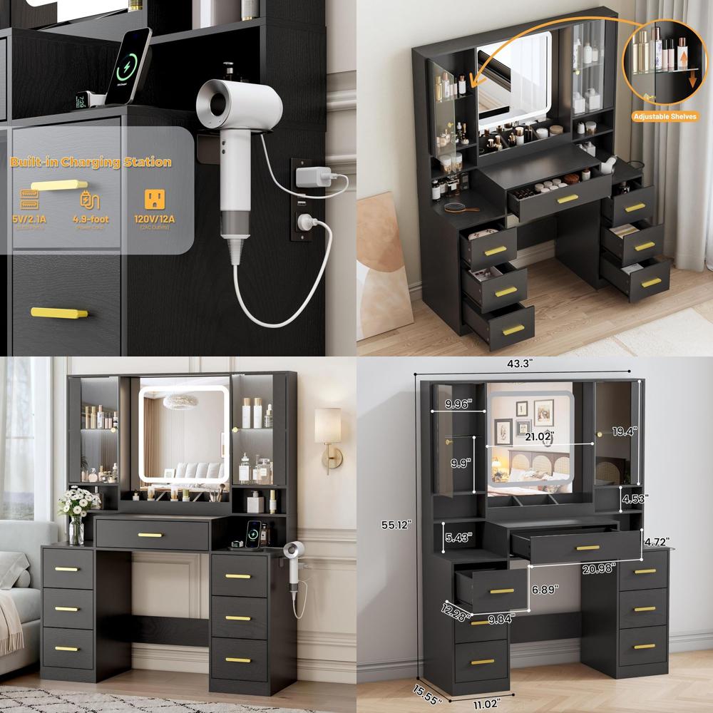 Desk Charging Station - Makeup Vanity Desk with 7 Drawers,