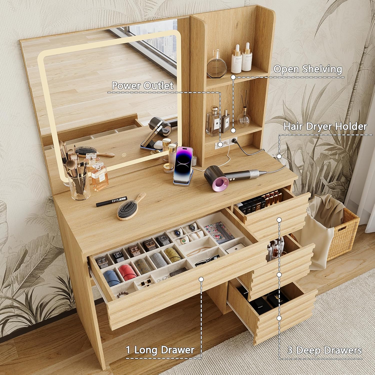 Bedroom Vanity Desk Set in Oak - огляд і ціна Desk Charging Station