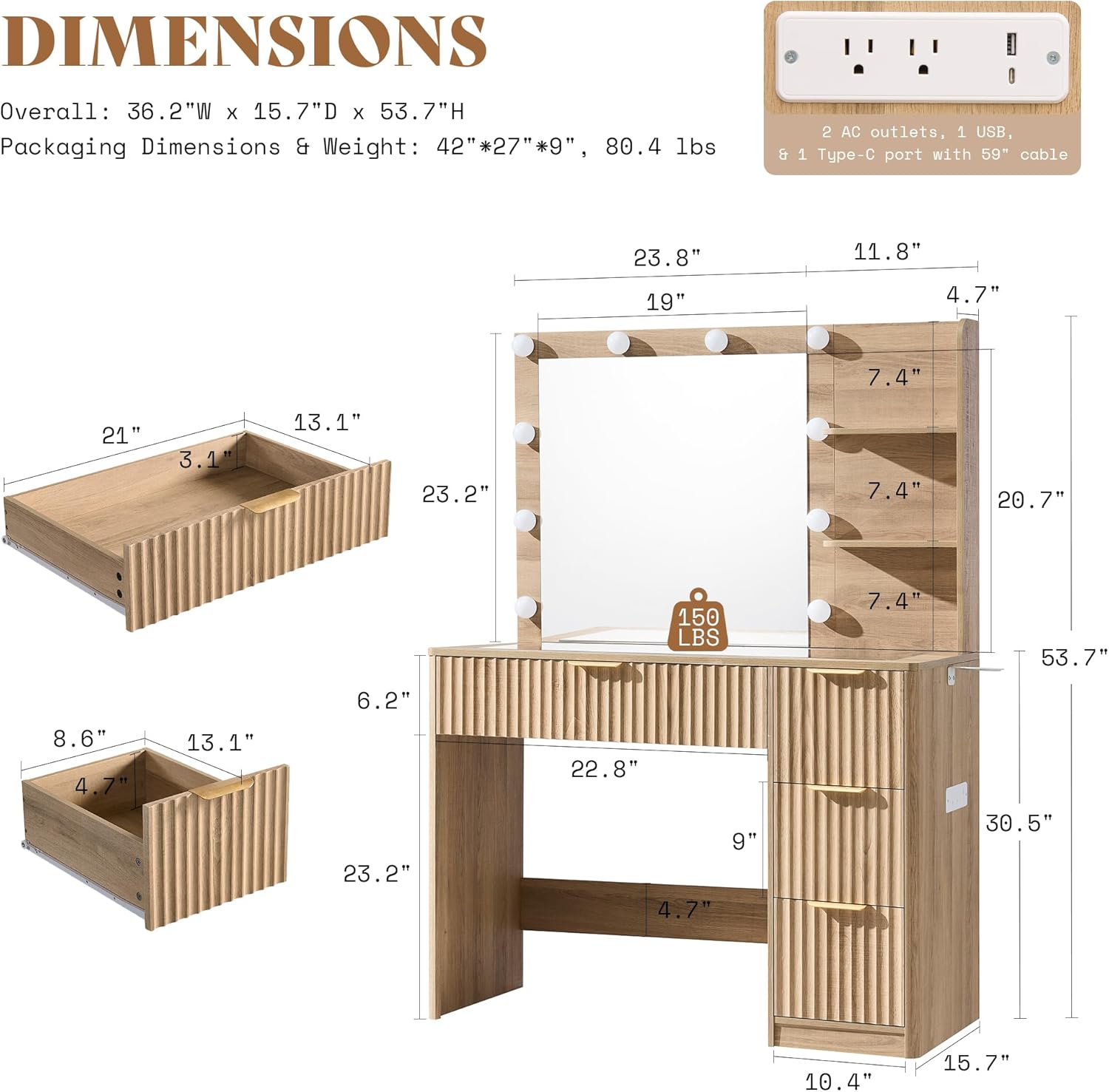 Natural Oak Fluted Vanity Desk - огляд і ціна Desk Charging Station